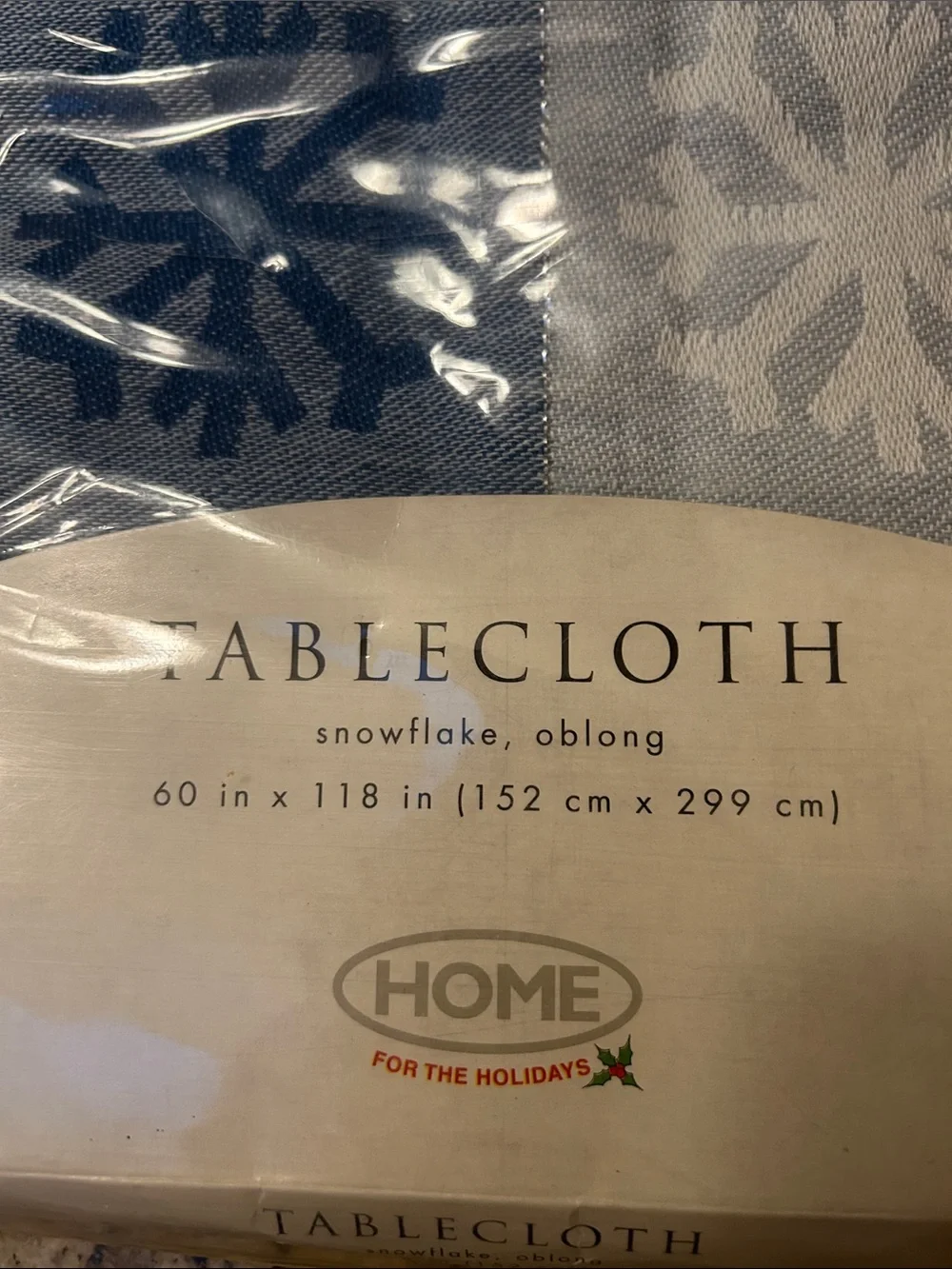Oblong 60” by 128” Blue and White Snowflake Tablecloth